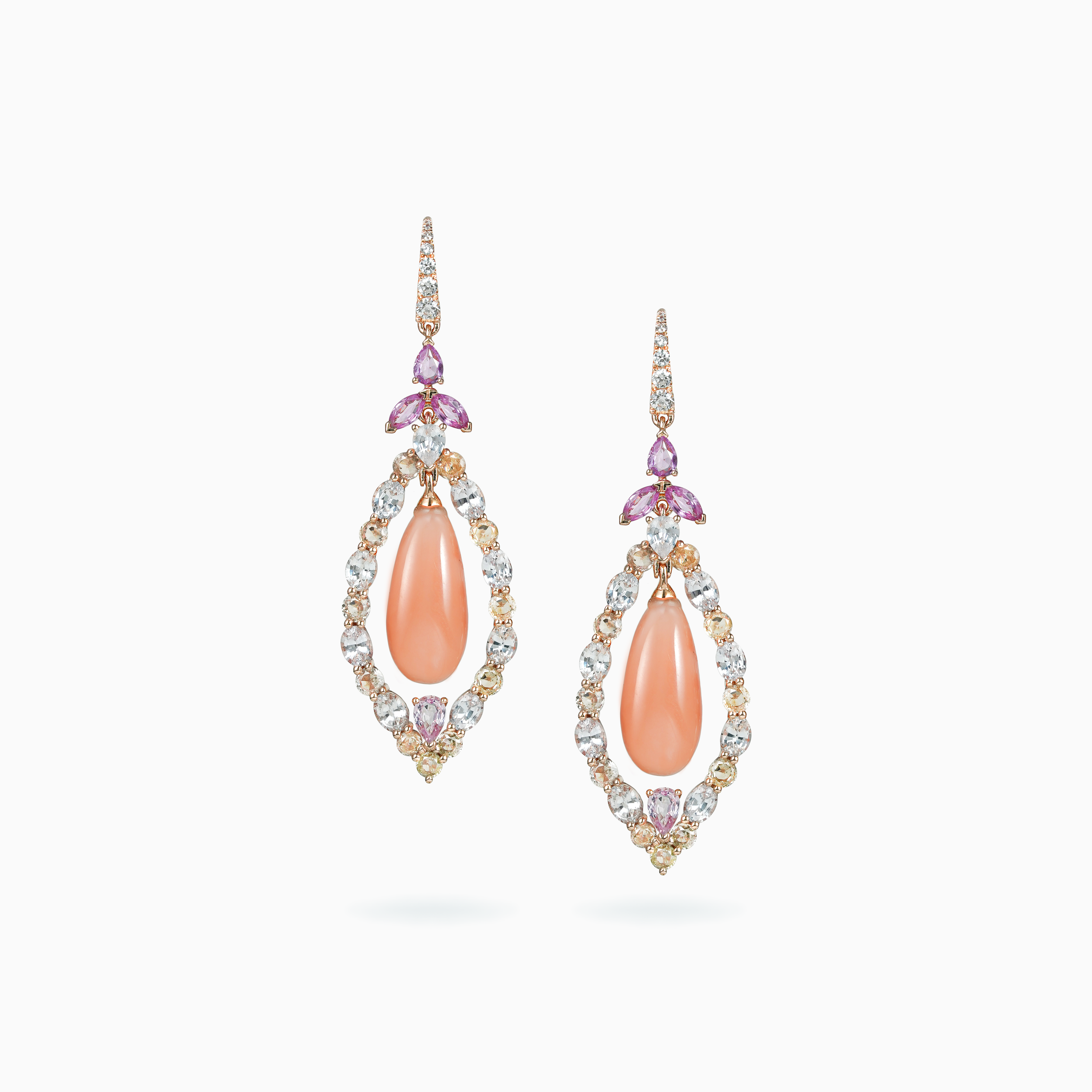 18K White Rose Gold Coral, Sapphire Diamond Earrings – ISE