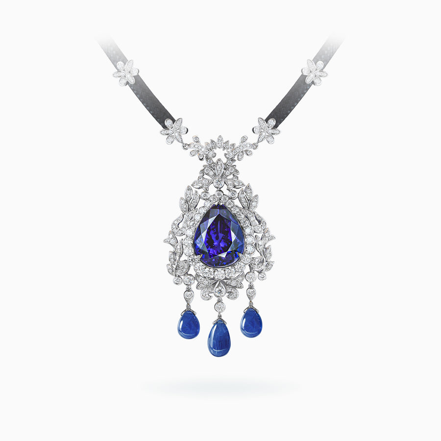 18K White Gold Tanzanite, Sapphire & Diamond Pendant