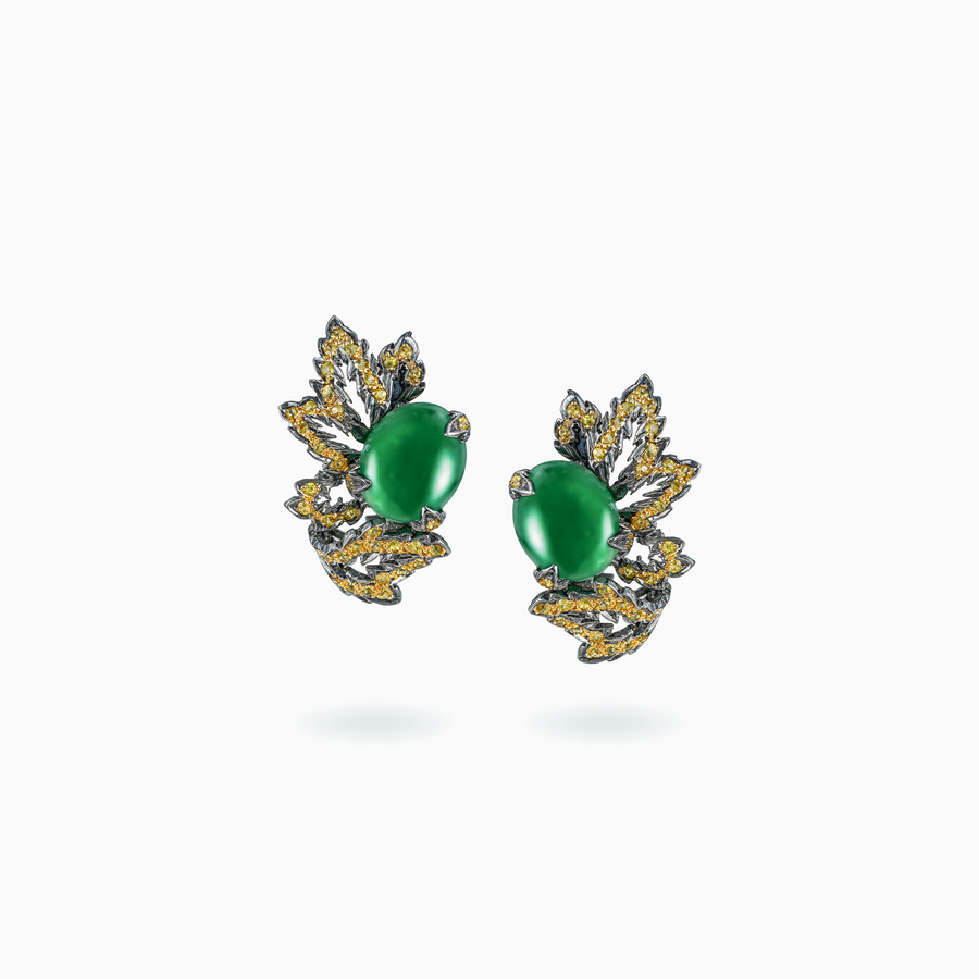 18K Yellow & Black Gold Green Jade & Diamond Earrings