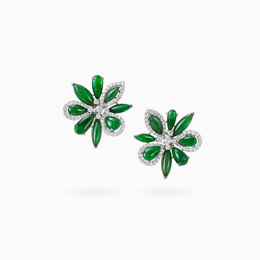 18K White Gold Green Jade & Diamond Earrings