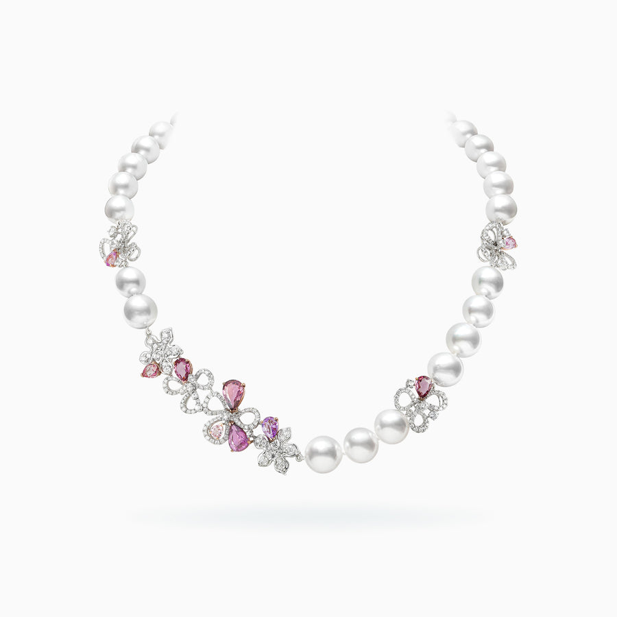 18K White & Rose Gold White South Sea Pearl Sapphire & Diamond Necklace