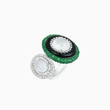 18K White & Green Gold Jade, Onyx, Green Garnet & Diamond Ring