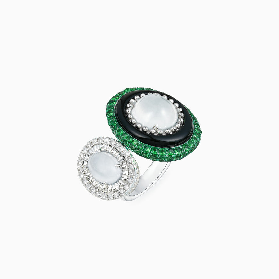 18K White & Green Gold Jade, Onyx, Green Garnet & Diamond Ring