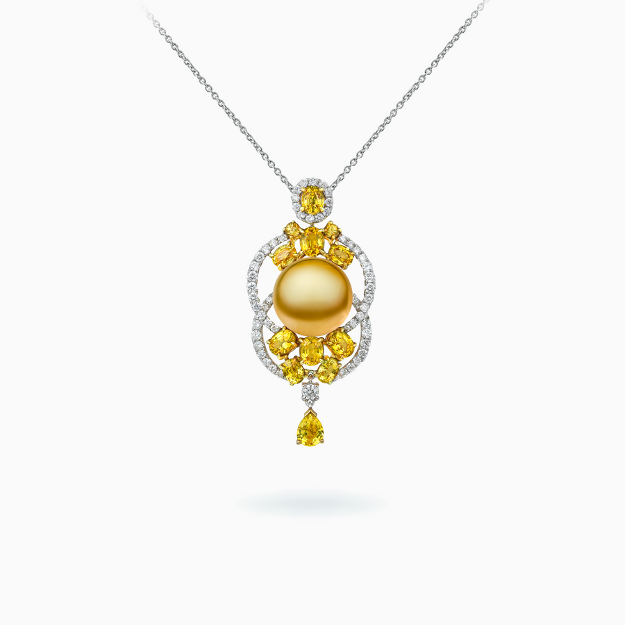 18K White & Yellow Gold ,South Sea Pearl & Diamond & Yellow Sapphire Pendant
