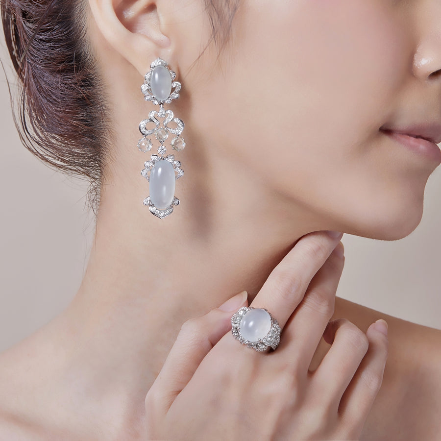 18K White Gold White Jade & Diamond Earrings