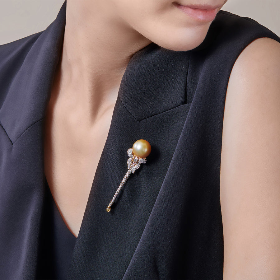 18K White & Yellow Gold Golden South Sea Pearl Brooch