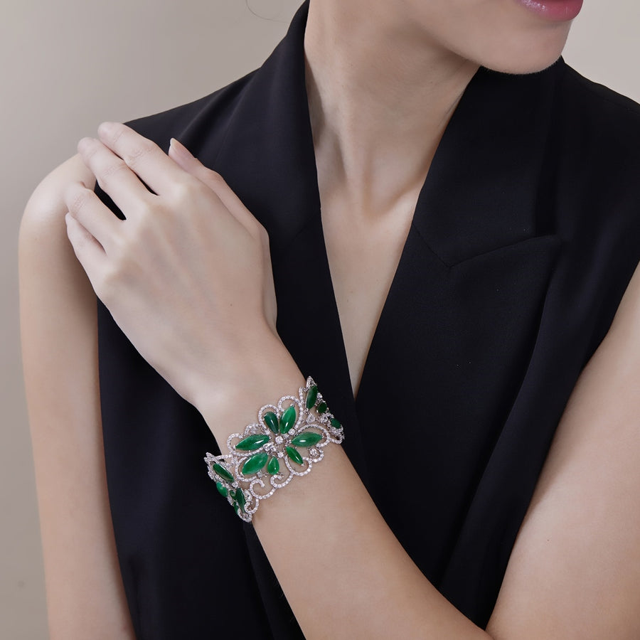 18K White Gold Green Jade & Diamond Bracelet