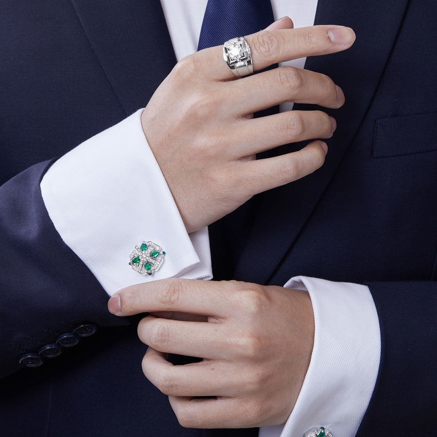 18K White Gold Emerald & Diamond Cufflinks