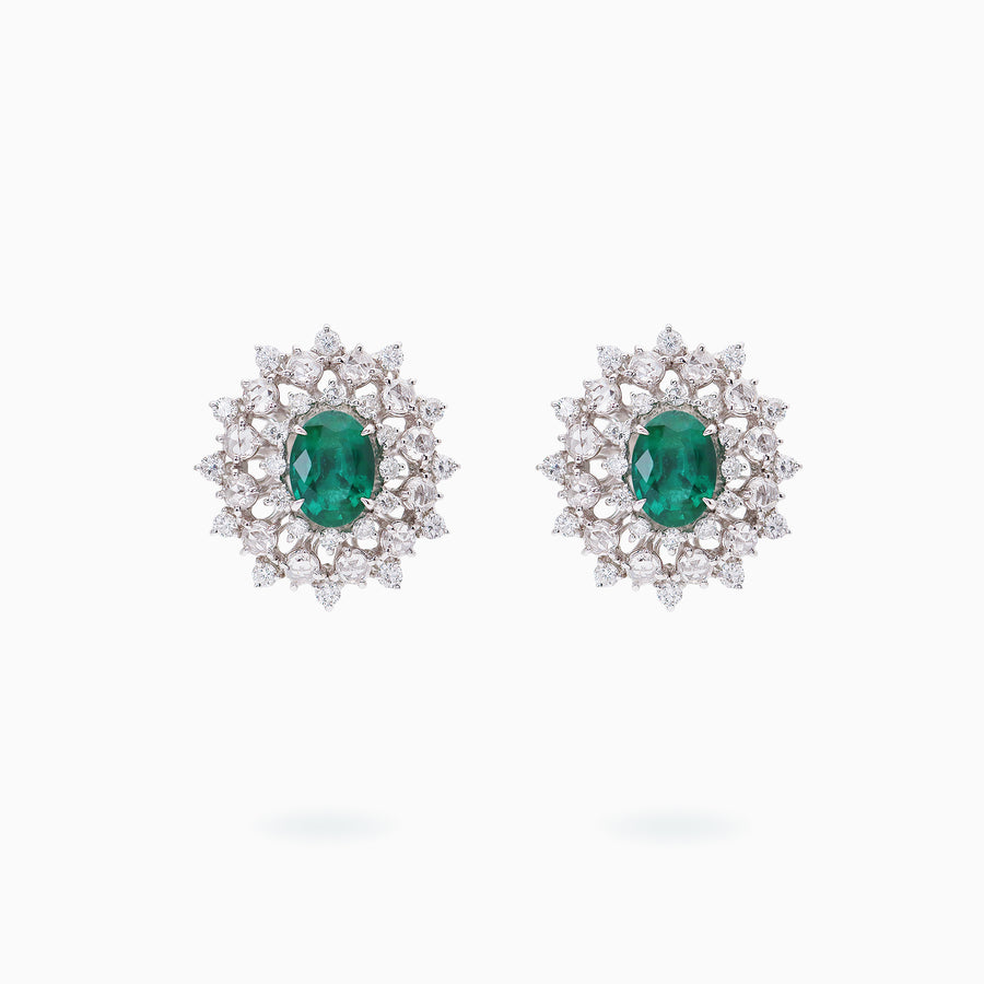 18K White Gold  Emerald & Diamond Earrings
