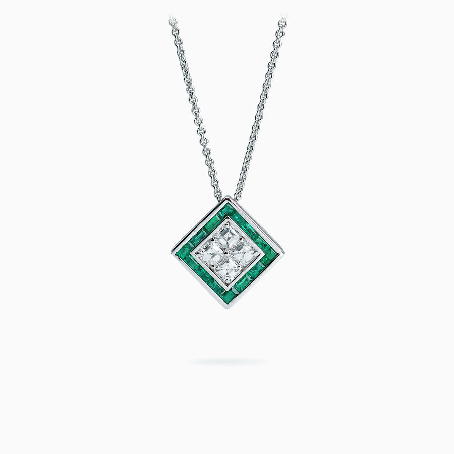 18K White Gold Emerald & Diamond Pendant