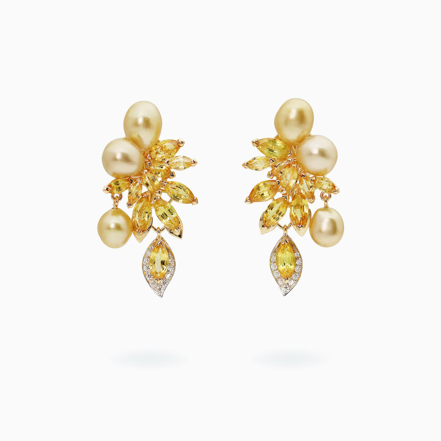18K Yellow & White Gold South Sea Pearl Sapphire & Diamond Earrings