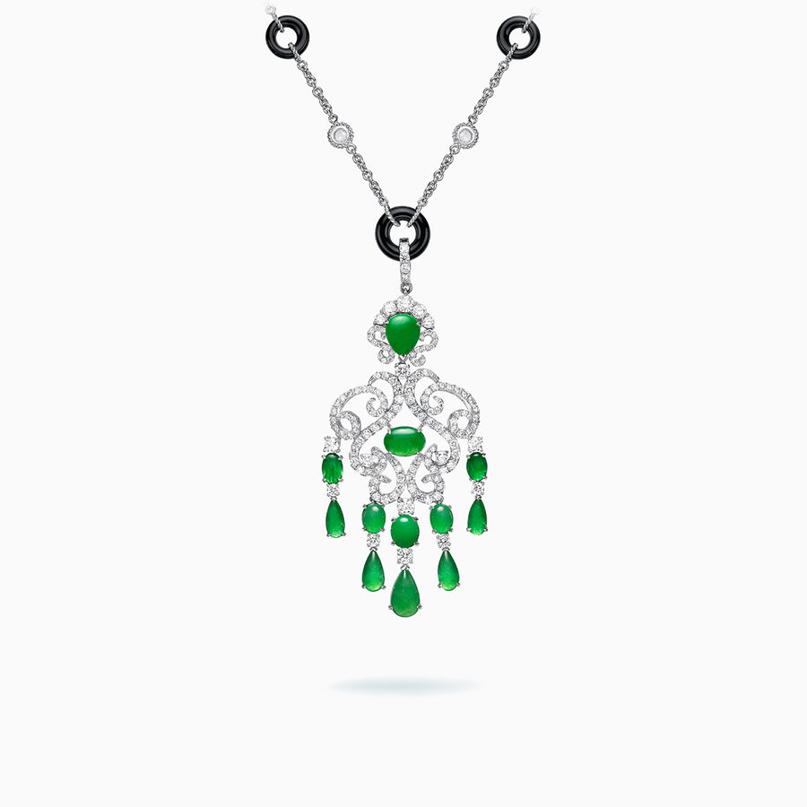 18K White Gold Green Jade & Diamond Pendant