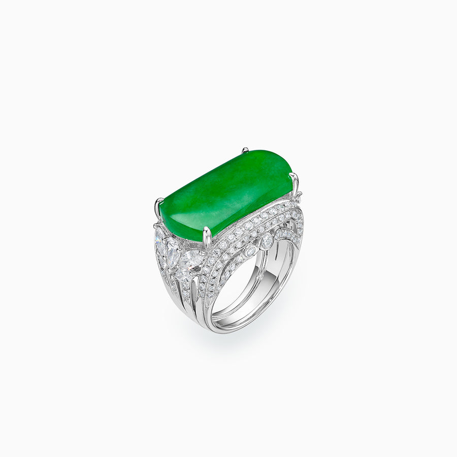 18K White Gold Green Jade & Diamond Ring