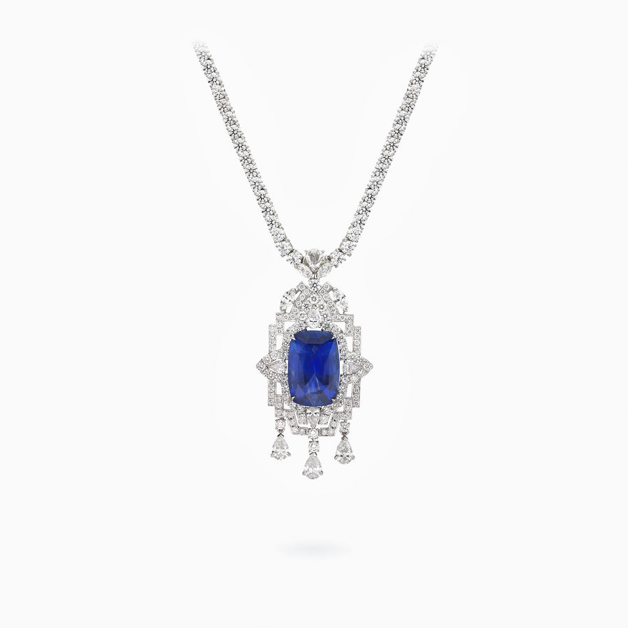 18K 白金蓝宝石和钻石吊坠