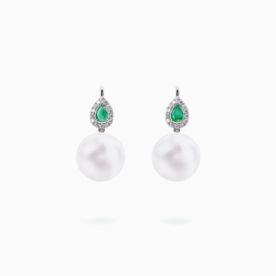 18K White Gold South Sea Pearl, Emerald & Diamond Earrings