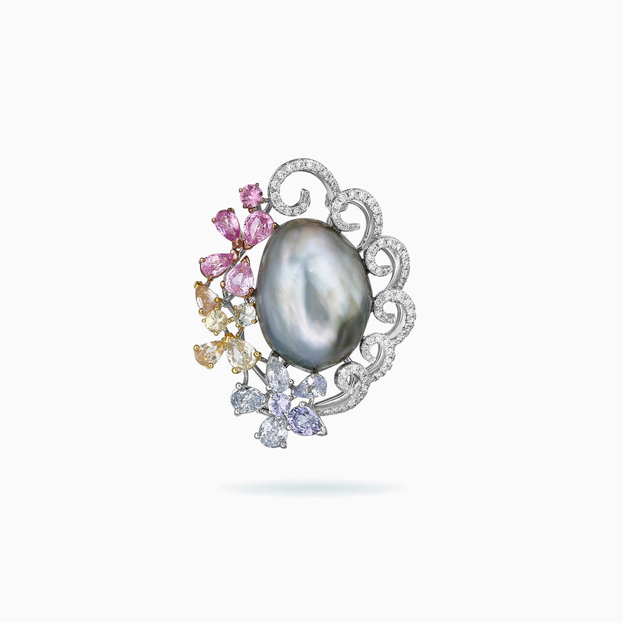 18K White, Rose & Yellow Gold Grey Baroque South Sea Pearl Brooch