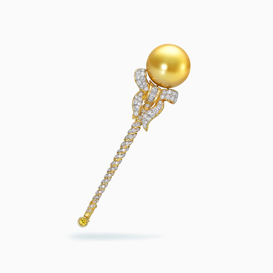 18K White & Yellow Gold Golden South Sea Pearl Brooch