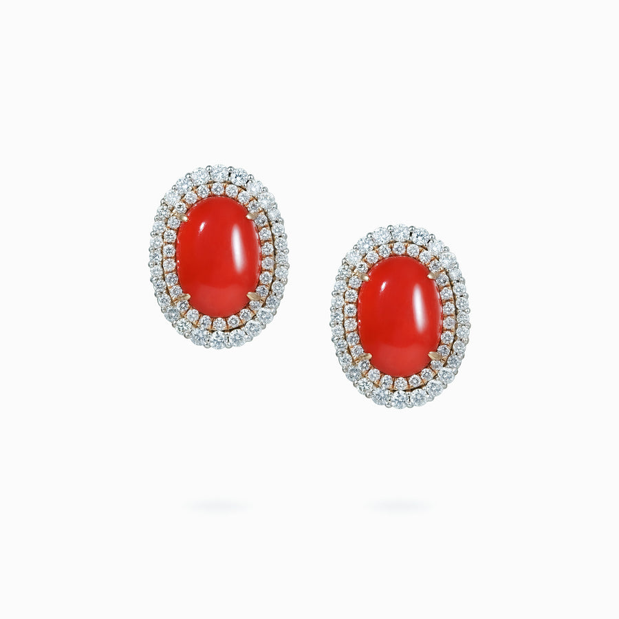 18K White & Rose Gold Coral & Diamond Earrings
