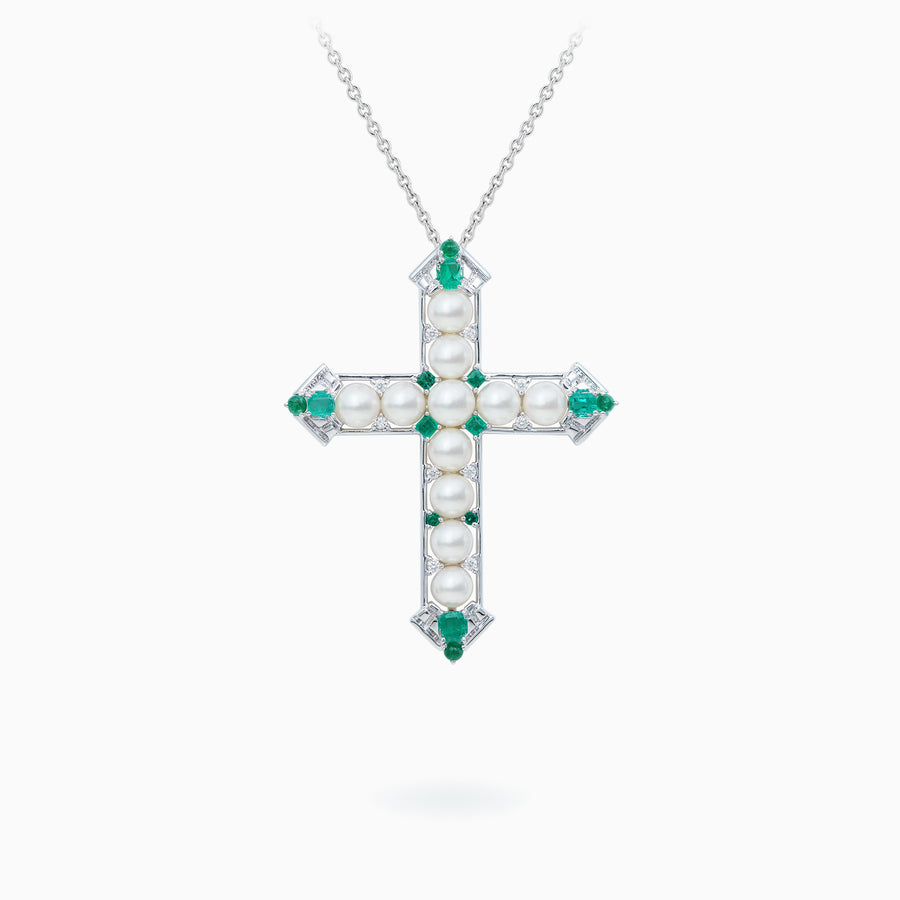 14K White Gold Akoya Pearl Emerald & Diamond Pendant