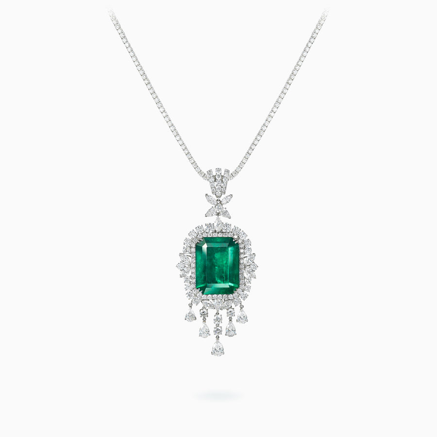 18K White Gold Emerald & Diamond Pendant