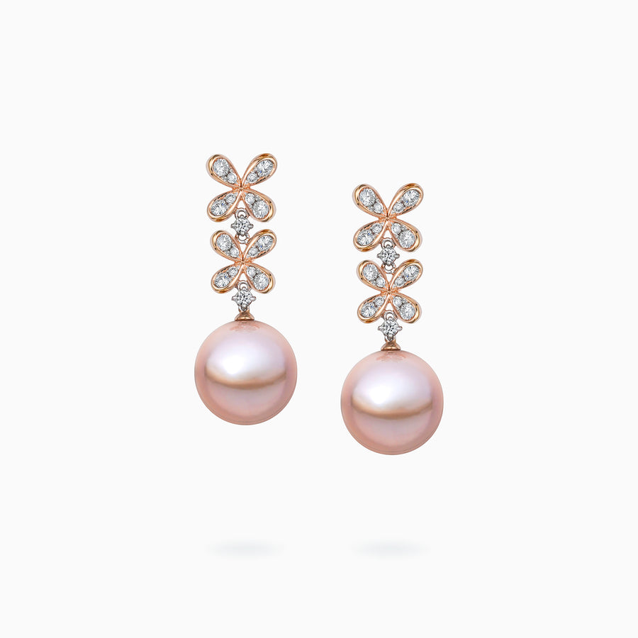 18K White & Rose Gold Fresh Water Pearl, Diamond Earrings