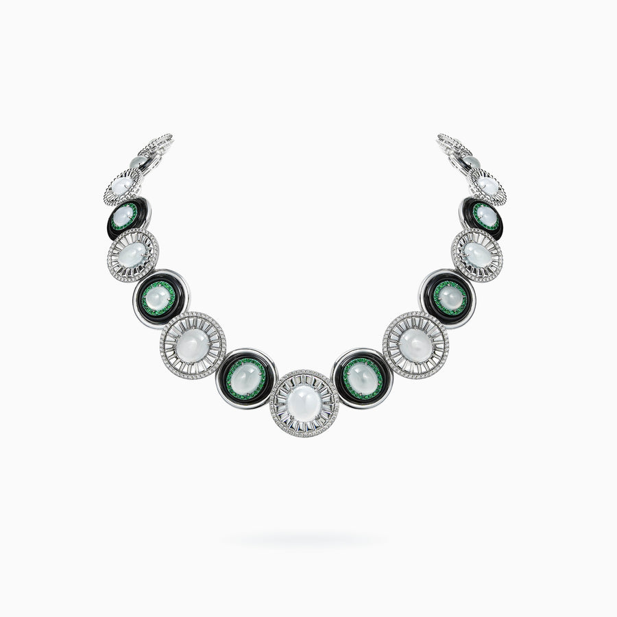 14K White & Green Gold Jade, Onyx, Green Garnet & Diamond Necklace
